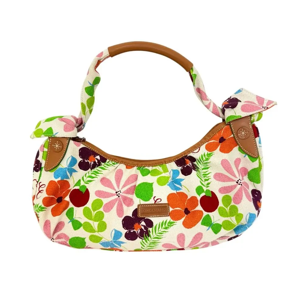Longchamp Floral Canvas Leather Trim Shoulder Bag Baguette Made in France